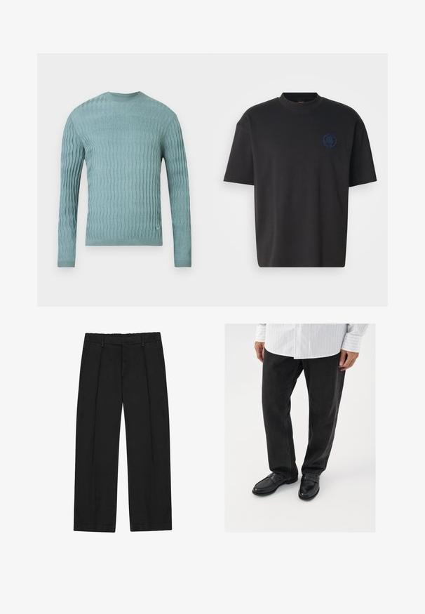 Lyseblå sweater lavet af blødt stof med et struktureret bølgemønster, lange ærmer og rund hals. Ingen bemærkelsesværdige hardware eller detaljer.; Sort t-shirt med rund hals i bomuld, med korte ærmer og en tone-i-tone broderet logo på venstre bryst. Glat tekstur, afslappet pasform.; Sorte bukser med lige ben, der har læg, sidelommer og en flad linning. Fremstillet af glat stof med en mat finish.; Sorte denimbukser parret med skinnende sorte loafers. Skjorten er hvid med tynde lodrette striber, har lange ærmer og en knapkrave.