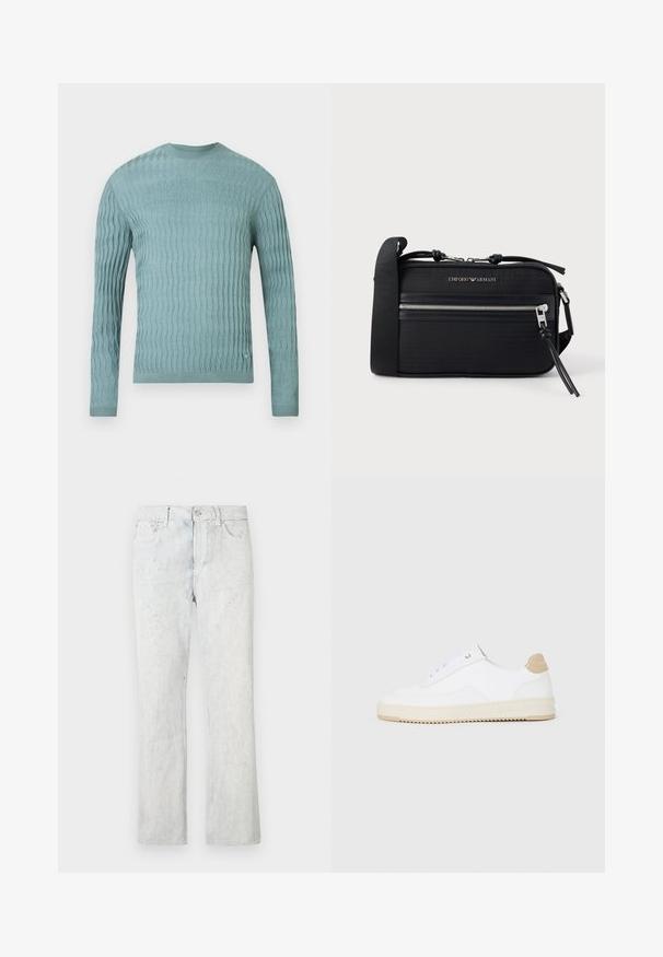 Lyseblå sweater lavet af blødt stof med et struktureret bølgemønster, lange ærmer og rund hals. Ingen bemærkelsesværdige hardware eller detaljer.; Lyseblå denimjeans med lige ben, der har en falmet tekstur, fem lommer og lukning med knap og lynlås.; Hvide lavt-op sneakers med en tekstureret læderoverdel, cremefarvet ribbet sål og en tan hælaccent. Har hvide snørebånd og logo-detalje på hælen.; Sort nylon crossbody-taske med sølvfarvet hardware, en lynlås i toppen, frontlomme og præget logo. Justerbar rem inkluderet.