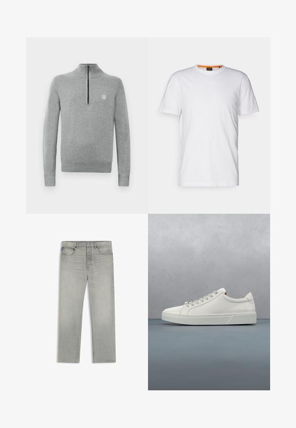 Grijze pullovertrui met een ritsluitbare opstaande kraag. Heeft lange mouwen, geribde manchetten en een kleine logopatch op de borst. Zachte gebreide textuur.; Witte katoenen T-shirt met ronde hals, korte mouwen en een subtiel reliëflogo op de borst. Het binnenlabel heeft een oranje accent.; Lichtgrijze spijkerbroek met voorste knoop en rits, riemlussen en vijfzakkenstijl, plat gelegd op een witte achtergrond.; Witte leren sneaker met een ronde neus, minimalistisch ontwerp, grijze veters en een gestructureerde grijze rubberen zool. Fijne stikdetails zichtbaar.
