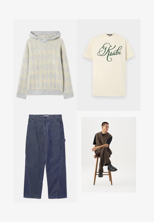 Hættetrøje med et gråt og gult diamantmønster, ribbet tekstur og et lille logo i bunden. Materiale i bomuldsblanding.; Kremfarvet bomulds-T-shirt med korte ærmer, der har en stor grøn, kursiv "Ksubi"-logo foran. Klassisk pasform og blød tekstur.; WOOD WOOD WWWILSON TWISTED SEAM TROUSERS - Bukser - envy green; Brun strikket vest over en sort t-shirt, parret med brune vidde bukser og sorte chunky sko, siddende på en træstub.