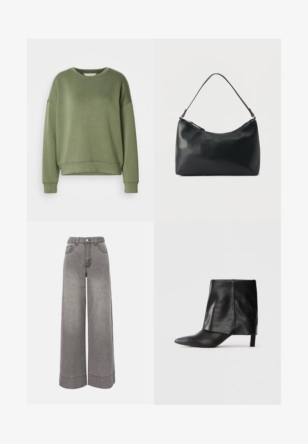 Sweatshirt vert olive en tissu doux. Il présente un col rond, des épaules tombantes et une taille crop avec des poignets côtelés.; Pantalon large en jean gris taille haute avec ceinture tressée, poches avant, fermeture à boutons et ourlets retroussés.; Botte noire en cuir mi-mollet avec bout pointu, tige supérieure repliée et petit talon élancé, se tenant sur fond blanc.; Sac bandoulière en cuir noir texturé avec fermeture éclair incurvée en haut et une seule sangle ajustable sur fond uni.