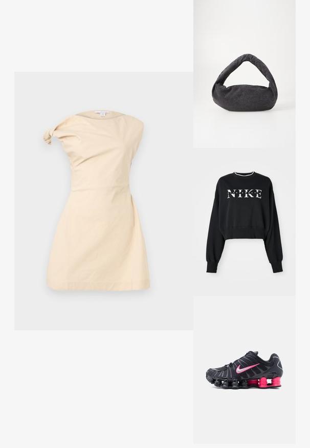 Schwarzer, gekürzter Pullover aus Baumwolle mit weißem Druck "NIKE" und "SPORTSWEAR", mit gerippten Bündchen und Kragen.; Ärmelloses beiges Kleid mit asymmetrischem, verdrehtem Knotendetail auf der linken Schulter und tailliertem Schnitt, vor schlichtem Hintergrund präsentiert.; Schwarzer Sportschuh mit segmentierter Federsohle, leuchtend pinkem Nike-Swoosh und pinken Segmenten an der Rücksohle, von der rechten Seite vor weißem Hintergrund gezeigt.; Dunkelgraue Stofftasche mit einem gebogenen Griff, weicher Textur und runder Form. Keine sichtbaren Beschläge oder Verzierungen.