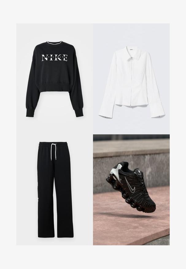 Lühendatud must puuvillane kapuutsiga dress, millel on valge "NIKE" ja "SPORTSWEAR" trükk, ribatud mansettide ja kraega.; Valge pikkade varrukatega särk kraega kaelusega ja ees lukk. Omab hõlmikvarrukad ja siledat, puuvillase segu tekstuuri.; Mustad pehmetest puuvillast dressipüksid, millel on elastne vöökoht valge kinnitusnööriga ja lõdva lõikega. Ei ole silmapaistvaid mustreid ega detaile.; Must sportlik king, millel on tekstuuriga võrgust ülemine osa, hõbedased detailid ja paks, läikiv must tald, millel on ümarad pehmenduselemendid.