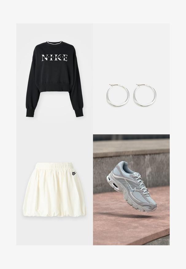 Afkortet sort sweatshirts lavet af bomuld, med hvid "NIKE" og "SPORTSWEAR" tryk, samt ribbede manchetter og krave.; Hvid Nike-nederdel med elastisk talje og subtil flæsekant, med lille sort Nike-logo på højre side.; Lysegrå og hvid Nike-løbesko med mesh og polstret sål, vist i luften mod en baggrund af betontrapper.; Sølv hoops øreringe har et glat, afrundet design med en slank profil og sikker spænde. Minimalistisk stil med en poleret finish.