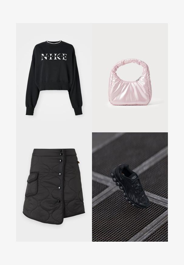 Lyhennetty musta collegepaita, joka on valmistettu puuvillasta ja jossa on valkoinen "NIKE" ja "SPORTSWEAR" -printti. Hihansuissa ja kauluksessa on resorit.; Mustat tikatut hameet, joissa on epäsymmetrinen helma. Hameessa on viisi tummaa nappia ja sivutasku pyöristettyjen läppäyksellä.; Musta urheilukenkä, jossa on teksturoitu yläosa, pyöreä pohja ja näkyvä ilmatäyttö. Ominaisuuksiin kuuluu nauhakiinnitys ja brändilogo.; Vaaleanpunainen, pehmustettu käsilaukku, jossa on pyöristetty muotoilu ja joka on valmistettu kiiltävästä materiaalista. Siinä on rypistetty kahva ja vetoketjukiinnitys turvallista pääsyä varten.
