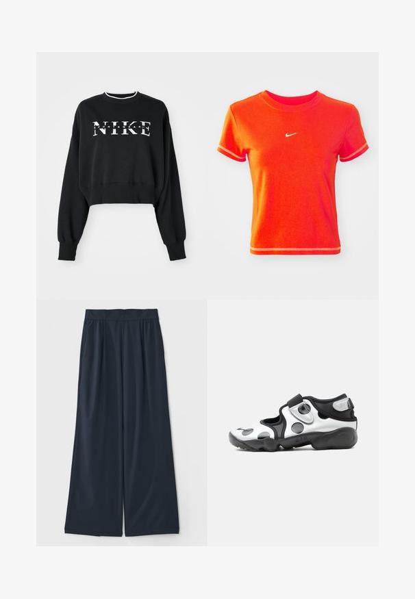 Lühendatud must puuvillane kapuutsiga dress, millel on valge "NIKE" ja "SPORTSWEAR" trükk, ribatud mansettide ja kraega.; Punane lühike T-särk, mis on valmistatud puuvillast, ribitud ümarate kraega ning lühikeste varrukatega. Esiküljel on väike valge Nike logo.; Tumedat laiad püksid, mis on valmistatud pehmest kangast; sisaldavad elastset vöökohta ja kahte küljetaskut mugavuse tagamiseks.; Mustvalge libisev sportjalats suurte täppidega, reguleeritava rihmaga ja paksu pehmendusega tallaga, millel on märge "AIR".