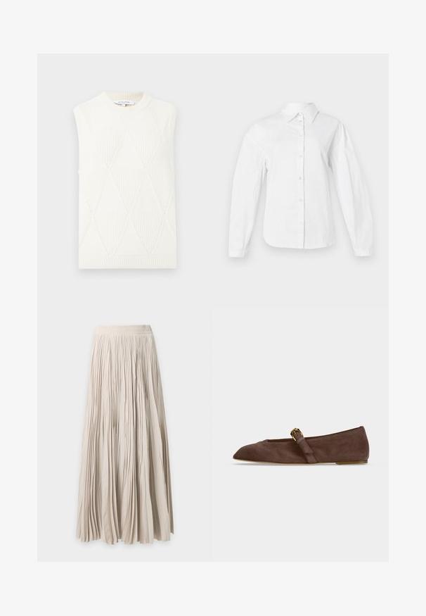 Gilet sans manches en tricot blanc avec motif en losanges et col rond et ourlet côtelés, étiqueté Maison Kitsuné Paris.; Chemise blanche à boutons fabriquée en tissu de coton lisse, dotée d'un col classique, de manches longues et d'une coupe droite avec fermeture à boutons.; Longue jupe beige plissée avec taille élastique, tissu fluide et longueur complète.; Chaussure plate en daim marron avec bout pointu et bride à boucle dorée sur le côté, vue de profil sur fond blanc.