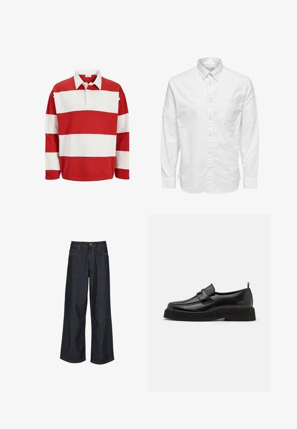 Maillot de rugby à manches longues avec larges rayures horizontales rouges et blanches et col blanc, patte de boutonnage avant partiellement ouverte.; Chemise blanche à manches longues avec boutons, col et poche poitrine, étiquetée « Selected Homme » à l'intérieur du col.; Jean à jambes larges bleu foncé en denim, avec un design classique à cinq poches, des surpiqûres contrastantes et une braguette à boutons.; Chaussures en cuir noir de style mocassin avec une semelle plate et texturée, présentant un bout piqué et une sangle traversant le cou-de-pied.