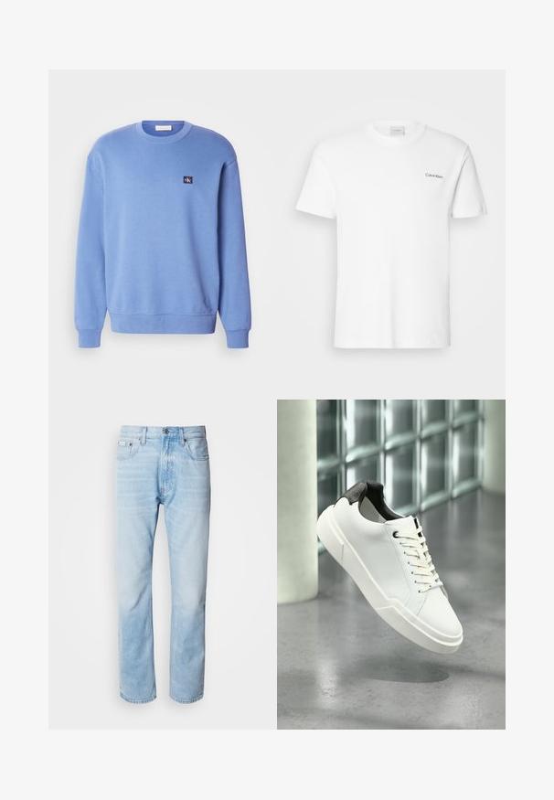 Lichtblauwe crewneck sweatshirt, gemaakt van zacht materiaal, voorzien van ribgebreide mouwen en onderrand, met een klein logo-opdruk op de bovenste linkerzijde.; Witte katoen T-shirt met korte mouwen en een ronde hals. Bevat een klein zwart "Calvin Klein" logo op de linkerborst.; Lichtblauwe denim jeans met een rechte pijp, met vervaagde delen, vijf-pocket ontwerp en een klassieke knoopsluiting.; Witte lage sneaker met zwarte, gestructureerde hielkap, witte veters en dikke zool op een gepolijste betonnen vloer nabij glazen blokken.