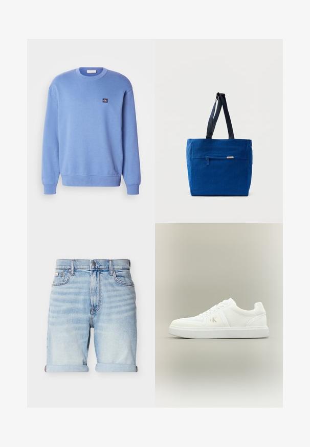 Lyseblå crewneck sweatshirt lavet af blødt materiale, med ribbestrikkede manchetter og søm, samt et lille logo-patch på den øverste venstre side.; Lyseblå denimshorts med opsmøgede kanter, for-trykknap, lynlås og design med fem lommer på hvid baggrund.; Hvid lavtopsneaker med snørebånd, teksturerede stofsider og subtilt "ck"-logo på ydersiden, placeret på en enkel neutral baggrund.; Blå lærredstaske med lynlåslomme foran, dobbelte skulderremme og rektangulær form. Har en diskret mærkeetiket.