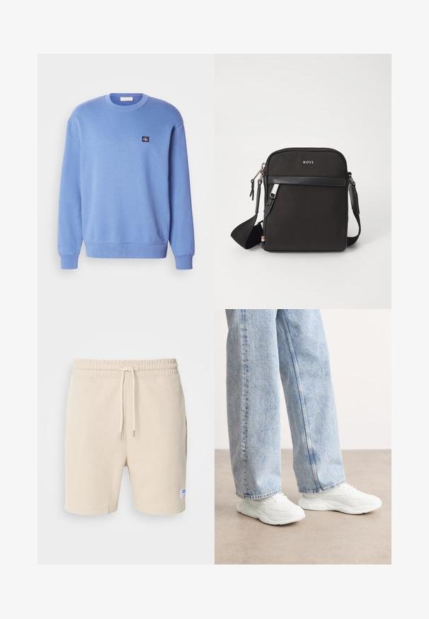 Lyseblå crewneck sweatshirt lavet af blødt materiale, med ribbestrikkede manchetter og søm, samt et lille logo-patch på den øverste venstre side.; Cremefarvede shorts lavet af tekstureret stof. Har en elastisk talje med snor og sidelommer. Lille mærke på kanten.; Hvide atletik sneakers med et glat, formet design og teksturerede såler, parret med lyseblå, løstsiddende denim jeans.; Sort crossbody taske med et struktureret stof, logo på fronten, lynlås lukning og justerbar rem. Har en glat læderkant.