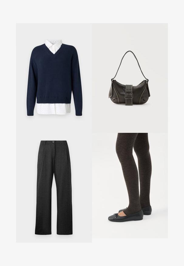 Pull en V bleu marine en tricot doux, superposé à une chemise blanche à petits pois dispersés et à col classique.; Pantalons taille haute gris foncé avec fermeture à bouton, plis à l'avant, passants de ceinture et jambes larges et droites.; Jambes portant des leggings côtelés foncés associés à des ballerines noires avec de petits détails en nœud sur fond blanc.; Sac à épaule en cuir noir avec une sangle à boucle, des bords arrondis et des coutures blanches contrastées sur un fond uni.