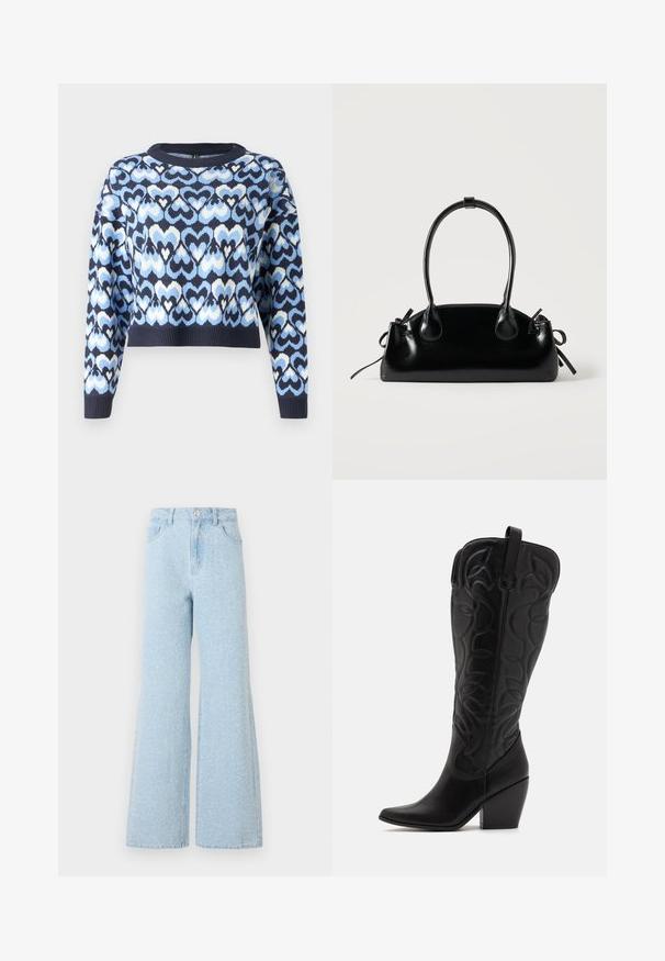 Pull bleu marine arborant un motif de cœurs entrelacés en bleu clair et blanc, style cropped avec un col rond et des poignets côtelés.; Jean en denim bleu clair à jambes larges avec une taille haute, dotés d'une fermeture à bouton, de cinq poches et d'une texture légèrement délavée.; Bottes hautes en cuir noir jusqu'aux genoux avec bout pointu et talon empilé. Caractéristiques de coutures décoratives et éléments de design courbés.; Petit sac à main noir brillant avec deux longues anses et des détails à cordon sur les côtés sur un fond clair uni.