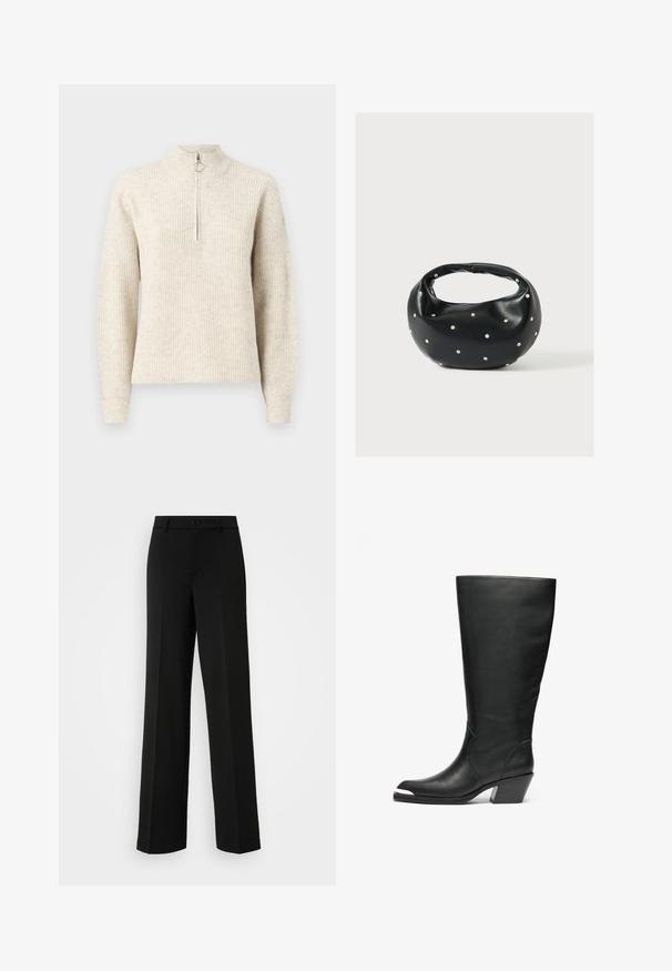 Pull en maille côtelée beige clair avec un col haut, fermeture zippée quart et manches longues. Texture douce avec un motif subtil.; ONLY Tall ONLPEACH LIFE WIDE - Pantalon classique - black; Bottes noires en cuir hautes avec une pointe fermée et un design découpé. Elles présentent un talon épais et une texture lisse. Les détails sur les panneaux latéraux sont remarquables.; Sac à main en cuir noir de forme arrondie, décoré de clous argentés et équipé d'une poignée courte. Texture lisse et fermeture éclair.