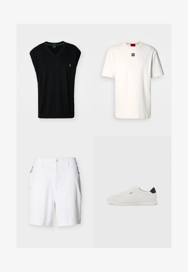 Pull sans manches noir avec un col en V, présentant une texture côtelée et un petit logo sur la poitrine. L'encolure intérieure a un accent vert.; T-shirt en coton blanc avec un col rond, des manches courtes et un petit logo carré noir avec "HUGO" sur la poitrine. Design simple, texture douce.; Shorts blancs ajustés avec passants pour ceinture, fermeture avant par bouton et fermeture éclair, poches latérales zippées sur fond uni.; Baskets blanches basses avec languette de talon noire, lacets blancs et logo "BOSS" sur le côté, présentées sur un fond clair uni.