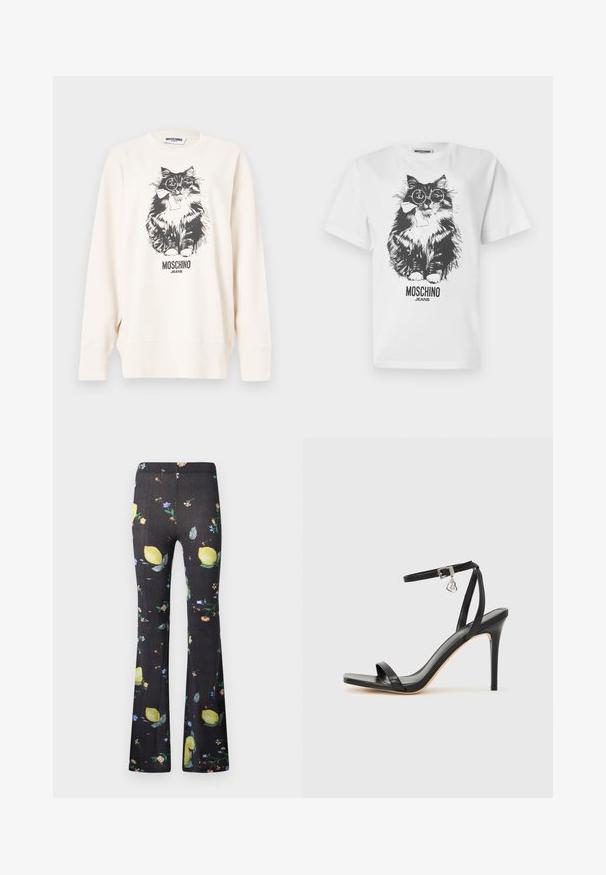Sweatshirt blanc Moschino présentant un chat noir et blanc portant des lunettes et un nœud papillon, avec le texte "Moschino Jeans" en dessous.; T-shirt blanc avec un graphisme noir représentant un chat duveteux portant des lunettes rondes et un nœud papillon, avec le texte "MOSCHINO JEANS" en-dessous.; Pantalon noir évasé avec un motif coloré de citrons et de petites fleurs dispersé sur tout le tissu.; Sandale à talon haut noire avec une bride étroite à la cheville, bout carré, cuir lisse et accent de boucle métallique.