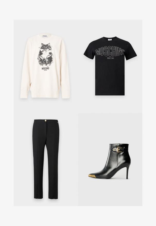 Sweatshirt blanc Moschino présentant un chat noir et blanc portant des lunettes et un nœud papillon, avec le texte "Moschino Jeans" en dessous.; T-shirt en coton noir avec un col rond et des manches courtes. "MOSCHINO" en strass sur la poitrine, avec "SINCE 1983" en dessous.; Pantalon droit pour femmes noires, avec pli sur le devant, braguette zippée et fermeture à bouton doré sur un fond uni.; Bottine noire en cuir brillant, avec un bout pointu, un talon aiguille, et des accessoires dorés ornés d'une boucle décorative.