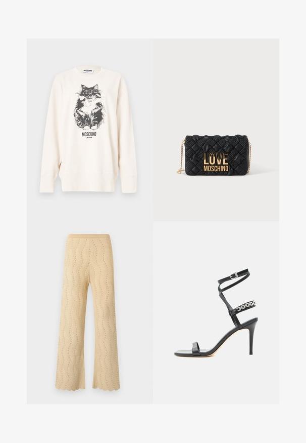 Sweatshirt blanc Moschino présentant un chat noir et blanc portant des lunettes et un nœud papillon, avec le texte "Moschino Jeans" en dessous.; Pantalon en maille beige à jambes larges, présentant un motif chevrons avec de petits trous et un ourlet festonné.; Sandale noire à talon haut avec fine bride à la cheville, bride médiane décorée de maillons de chaîne argentés, et design à bout ouvert.; Sac bandoulière matelassé noir avec bandoulière chaîne dorée et grand logo doré "LOVE MOSCHINO" sur le devant.