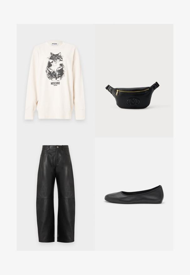 Sweatshirt blanc Moschino présentant un chat noir et blanc portant des lunettes et un nœud papillon, avec le texte "Moschino Jeans" en dessous.; Pantalon large en cuir noir taille haute avec bouton à l'avant, fermeture éclair et deux poches avant, présenté sur un fond blanc.; Ballerines en cuir noir avec un bout rond, texture lisse, détails de couture minimalistes et design de semelle flexible.; Banane en cuir noir avec fermeture éclair dorée et logo embossé sur l’avant, sangle réglable avec quincaillerie dorée.