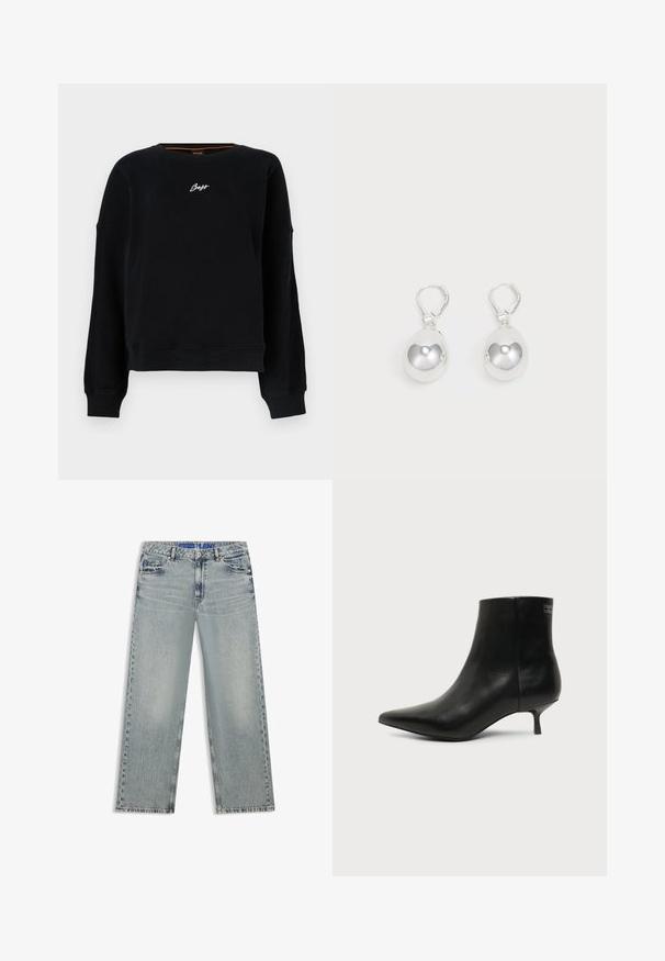 Sweatshirt noir à manches longues avec poignets et ourlet côtelés, arborant un petit logo blanc « Boss » centré sur la poitrine.; Jean large bleu clair en denim, avec des zones délavées, cinq poches et une ceinture bleue à logo.; Bottine en cuir noir avec bout pointu et petit talon kitten sur fond clair, vue côté extérieur.; Boucles d'oreilles en argent en forme de goutte avec des surfaces lisses, rondes et réfléchissantes, suspendues à des fermoirs à ressort. L'arrière-plan est blanc uni.