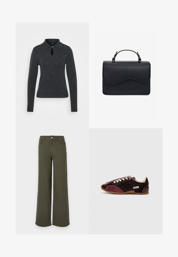 Mørkegrå striktrøje med krave, lange ærmer og en nøglehulåbning ved halsen, som har en lille knapdetalje.; Olivenfarvede brede jeans lavet af denim, med et klassisk fem-lomme design og lukning foran med knap. Glat tekstur, uden mønstre.; Bordeaux og burgunder sneakers med en glat laklæder tå, ruskindssider, teksturerede snørebånd og et polstret cremet interiør. Gummisål.; Sort læderhåndtaske med en glat bølgeformet klap og et buet top håndtag mod en ensfarvet baggrund.