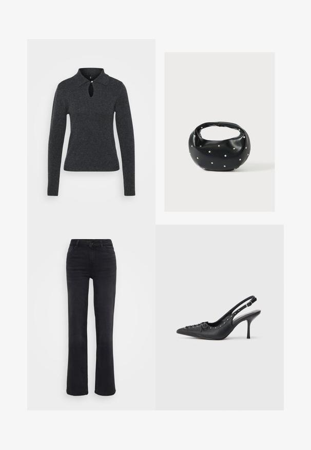 Suéter de punto gris oscuro con cuello, mangas largas y una abertura en forma de ojo de cerradura en el escote, con un pequeño detalle de botón.; Jeans de denim negro con corte recto, que incluyen un cierre frontal de botón, cinco bolsillos y detalles de costura sutiles.; Sandal de tacón stiletto negro de cuero con punta afilada, correa lateral con hebilla, tachuelas a lo largo del borde y cordones decorativos en la parte delantera.; Bolso de mano de cuero negro con forma redondeada, decorado con detalles de tachuelas plateadas y un asa corta. Textura lisa y cierre con cremallera.