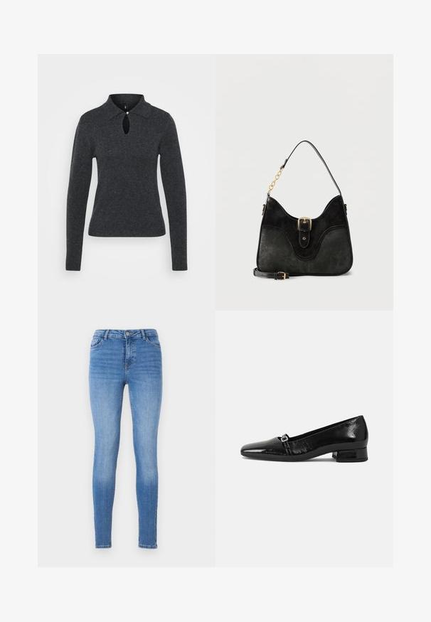 Mørkegrå striktrøje med krave, lange ærmer og en nøglehulåbning ved halsen, som har en lille knapdetalje.; Slanke jeans i lyseblå denim med mellemhøj talje, fem-pockets design og tonal syning med en glat tekstur.; Sorte patentlæder balletflade med spids tå, lav firkantet hæl og en lille metallisk spænde detalje på remmen. Glat tekstur.; Sort lædertaske med guldfarvet spænde, en skulderrem med kædelinks og en aftagelig justerbar crossbody-rem.