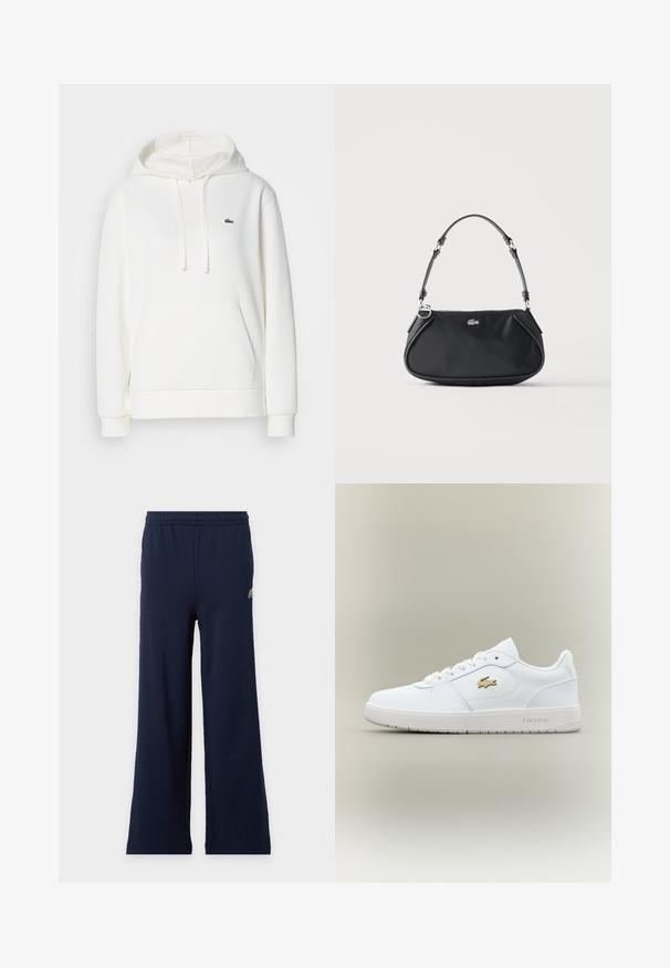 Witte capuchontrui van zacht materiaal. Heeft een voorzak en een klein groen logo geborduurd op de borst.; Marineblauwe wijde broek met elastische tailleband en klein logo aan de linkerbovenkant tegen een lichte achtergrond.; Witte leren sneakers met een laag ontwerp, ronde neus, vetersluiting en een gouden Lacoste-logoaccent aan de zijkant.; Zwarte schoudertas met verstelbare riem, ritssluiting en klein zilverkleurig krokodillenlogo aan de voorkant in het midden.
