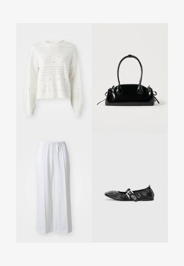 Pull en tricot blanc avec des manches ballon, comportant des motifs aérés à pois et rayures. Col ras du cou et ourlet côtelés. Design court.; Pantalons blancs à jambes larges avec un cordon de serrage à la taille. Fabriqués en tissu léger, ils présentent une texture lisse et un design minimal.; Chaussure plate en cuir noir avec un nez pointu, des détails froncés autour de l'ouverture et un accent en boucle argentée sur la bride ajustable.; Petit sac à main noir brillant avec deux longues anses et des détails à cordon sur les côtés sur un fond clair uni.