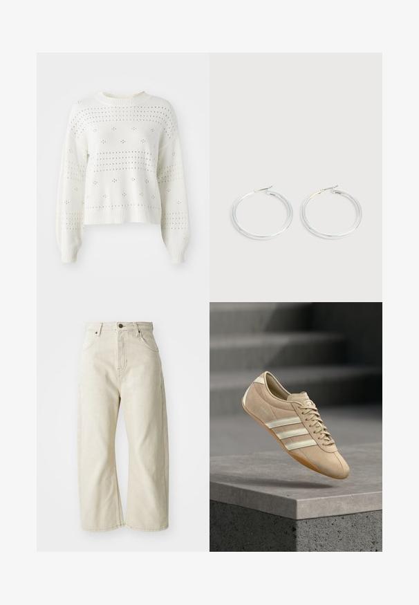 Pull en tricot blanc avec des manches ballon, comportant des motifs aérés à pois et rayures. Col ras du cou et ourlet côtelés. Design court.; Jeans beige à taille haute en denim de coton, avec une coupe large, cinq poches et une texture légèrement délavée. Fermeture à bouton en laiton.; Baskets beige clair avec trois bandes horizontales blanches, dessus en daim, et une semelle en gomme caoutchouc, présentant un logo sur le côté.; Paire de boucles d'oreilles créoles argentées brillantes avec fermoirs en fil fin, présentée sur un fond gris clair.