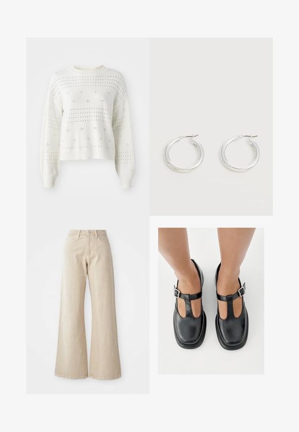 Pull en tricot blanc avec des manches ballon, comportant des motifs aérés à pois et rayures. Col ras du cou et ourlet côtelés. Design court.; Jean large beige en denim, avec une taille haute, des poches avant et un design uni sans motifs ni accents.; Chaussures en cuir noir avec un design à bride en T, bout fermé et accents de boucles argentées. Texture lisse avec un bout arrondi et une semelle plate.; Paire de boucles d'oreilles créoles moyennes argentées brillantes avec de fines attaches métalliques sur un fond clair et neutre.
