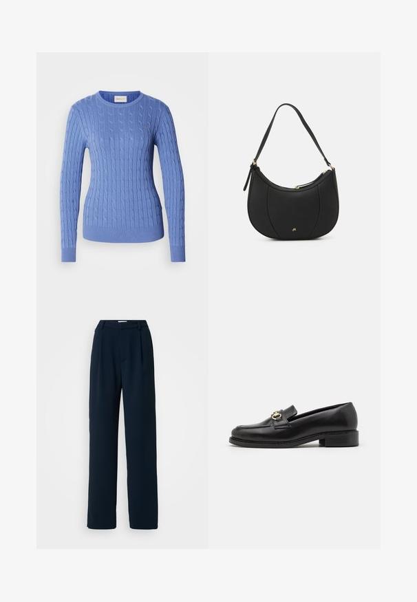 Pull en maille torsadée bleu avec encolure ronde et poignets côtelés. Confectionné dans un matériau doux avec un discret logo sur la poitrine.; Good American LUXE SUITING COLUMN TROUSER - Pantalon classique - new navy; Mocassin en cuir noir avec un petit talon carré, présentant un accent en métal doré et des coutures détaillées le long de l'orteil et du dessus.; Sac à main en cuir noir avec une forme courbée, surface texturée, coutures avant et un logo doré. Il est doté d'une seule sangle ajustable.
