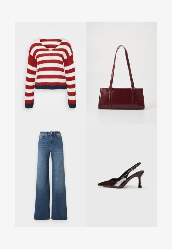 Pull en tricot rayé rouge et blanc avec un design court et un ourlet bleu marine. Dispose de manches longues et d'un décolleté en V large.; Jean en denim bleu taille haute avec jambes larges, fermeture avant par boutons et zip, et poches devant et derrière.; Talons slingback en cuir verni brun avec un bout pointu, un talon fin, et une sangle réglable avec une petite boucle.; Sac à main bordeaux en matériau brillant, de forme rectangulaire, avec deux anses et des accents légèrement courbés à l'avant.
