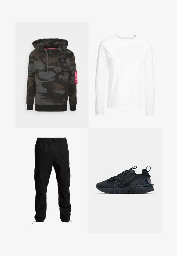 Camo hoodie i nuancer af mørkegrøn og grå, med en front kangaroo-lomme, hætte med snor og en lynlåslomme med et rødt mærke.; Langærmet hvid t-shirt lavet af blød bomuld. Rund halsudskæring med lige skårne kanter og ingen synlige mønstre eller grafikker.; Sorte cargobukser lavet af slidstærkt stof, med elastisk talje, justerbare snore og sidelommer med klaplukninger.; Sort atletisk sko med en åndbar mesh-overdel, teksturerede detaljer og en bølget gummisål. Har reflekterende logo og snørresystem.