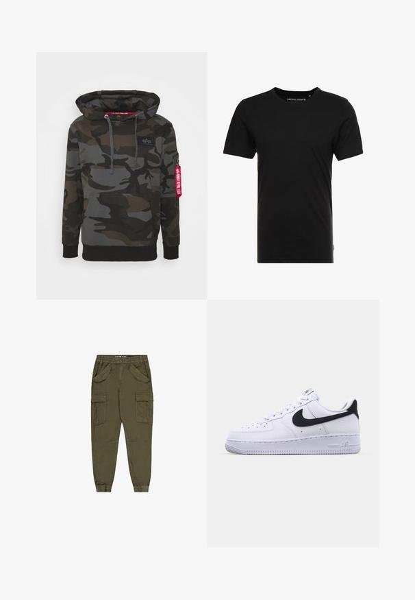 Camo hoodie i nuancer af mørkegrøn og grå, med en front kangaroo-lomme, hætte med snor og en lynlåslomme med et rødt mærke.; Sort t-shirt med korte ærmer lavet af bomuld, med rund hals og en diskret logoetiket på siden. Simpelt og alsidigt design.; Olivengrønne cargobukser i bomuldsblanding med elastisk talje, flere lommer foran og tilspidsede manchetter ved anklerne.; Hvide lædersneakers med en struktureret sort Swoosh, flade snørebånd og en gummisål med et rillemønster. "AIR" er præget på hælen.
