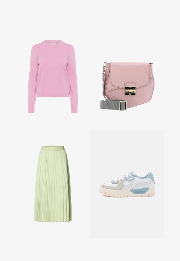 Pull en maille rose pâle avec col rond, manches longues et poignets et ourlet côtelés. Présente une texture lisse et une coupe classique.; Jupe plissée mi-longue vert clair avec une taille ajustée et des plis verticaux uniformément espacés.; Baskets avec une tige en cuir blanc, des accents bleu clair, des panneaux en suède beige et une semelle en caoutchouc rose texturée ; logo brodé sur le côté.; Sac à bandoulière en cuir rose avec un rabat, quincaillerie argentée, et une bandoulière grise arborant le nom de la marque. Texture lisse, design minimaliste.