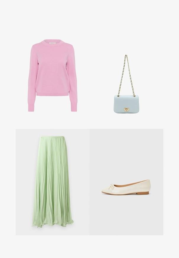 Pull en maille rose pâle avec col rond, manches longues et poignets et ourlet côtelés. Présente une texture lisse et une coupe classique.; Jupe longue plissée vert clair avec un tissu fluide et une taille élastique, présentée sur un fond blanc.; Ballerines en cuir crème avec un bout arrondi et un petit nœud à l'avant. Elles sont dotées d'un petit talon en caoutchouc tan et d'une texture lisse.; Sac bandoulière en cuir bleu clair avec bandoulière chaîne dorée et fermoir rectangulaire doré à tourniquet sur le rabat avant.