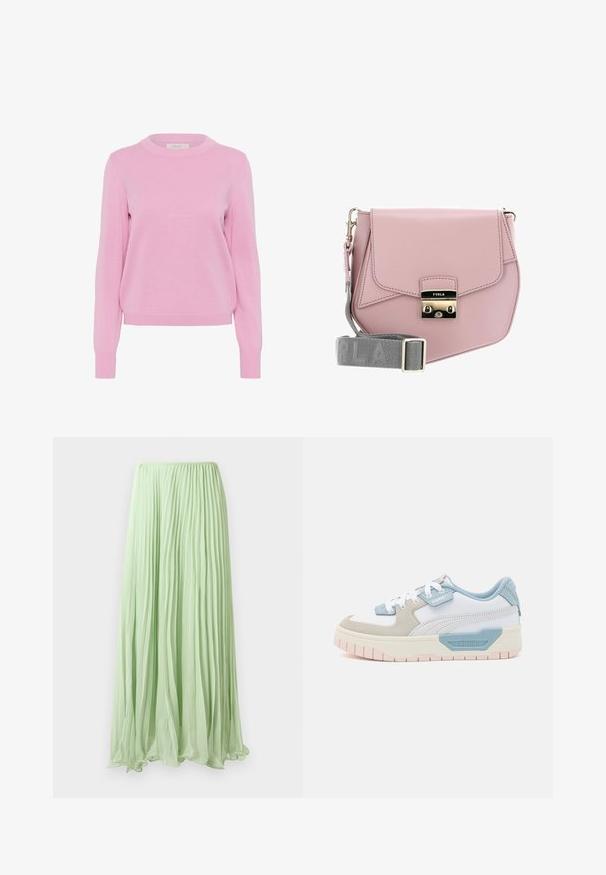 Pull en maille rose pâle avec col rond, manches longues et poignets et ourlet côtelés. Présente une texture lisse et une coupe classique.; Jupe longue plissée vert clair avec un tissu fluide et une taille élastique, présentée sur un fond blanc.; Baskets avec une tige en cuir blanc, des accents bleu clair, des panneaux en suède beige et une semelle en caoutchouc rose texturée ; logo brodé sur le côté.; Sac à bandoulière en cuir rose avec un rabat, quincaillerie argentée, et une bandoulière grise arborant le nom de la marque. Texture lisse, design minimaliste.