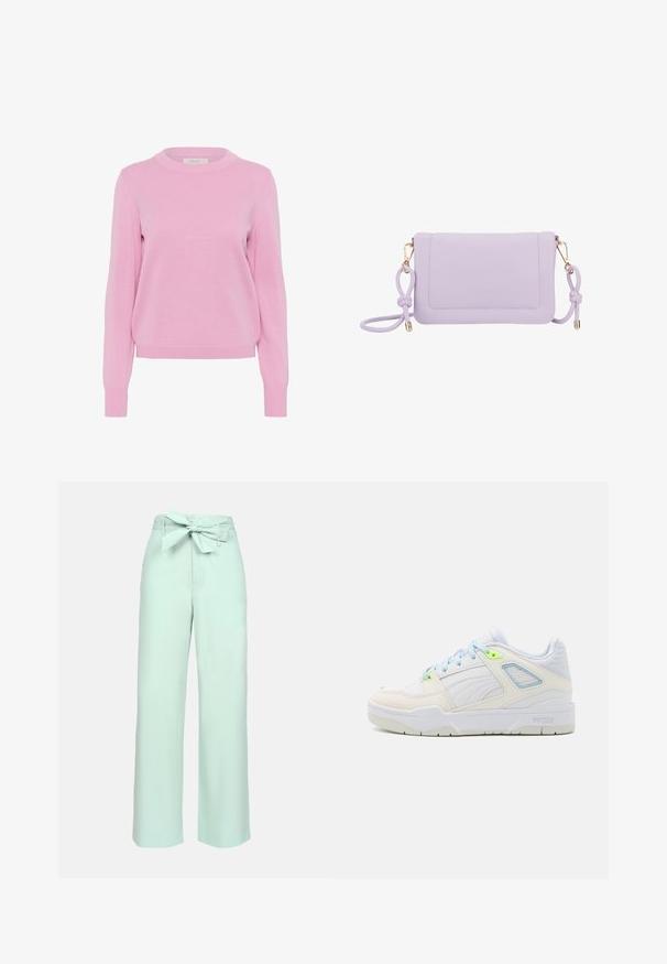 Suéter de punto rosa claro con cuello redondo, mangas largas y puños y bajo acanalados. Presenta una textura suave y un corte clásico.; Pantalones de pierna ancha en verde menta claro, confeccionados en una suave tela texturizada. Presenta una cintura alta con un detalle de lazo atado.; Zapatilla blanca con acentos en azul claro y verde neón. Hecha de cuero suave y malla, presenta un cuello acolchado y una suela texturizada.; Bolso de hombro cruzado de piel sintética morada con herrajes dorados, bolsillo frontal y detalle de tira anudada. Texture suave y forma rectangular.