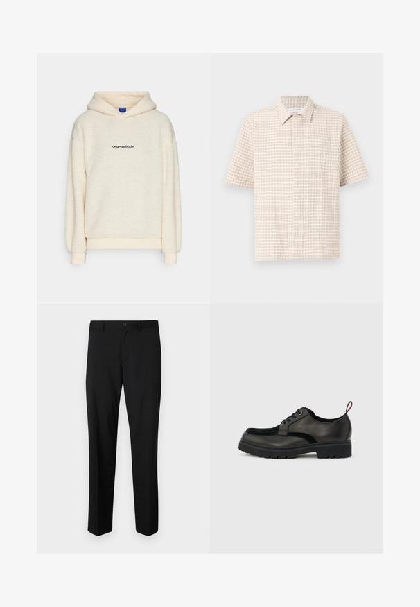 Lys cremefarvet sherpa fleece hættetrøje med "Originals Studio" trykt i sort på brystet, udstyret med lange ærmer og en hætte foran.; Kortærmet, lys beige skjorte med et rutenetmønster i blødt brunt, knap-front design og klassisk krave. Glat stoftekstur.; Sorte skræddersyede bukser med flad front, standard talje og lige ben. Lavet af glat stof, med en enkelt knaplukning.; Sort læder snøresko med tyk slidbanesål og rød hælestropp, vist i sideprofil på en lysegrå baggrund.