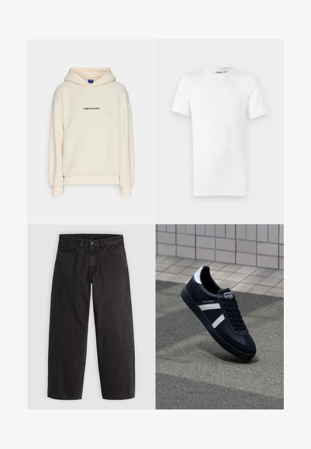 Lys cremefarvet sherpa fleece hættetrøje med "Originals Studio" trykt i sort på brystet, udstyret med lange ærmer og en hætte foran.; Hvid, kortærmet T-shirt med rund hals og et lille brandlabel inde i kraven, vist på en hvid baggrund.; Sorte denimjeans med lige ben, fem lommer og bæltestropper, vist fladt på en ensartet lys baggrund.; Sort lædersneaker med hvide striber, tekstureret gummisål og snørrebånd foran. Har et brandet mærke på tungen.