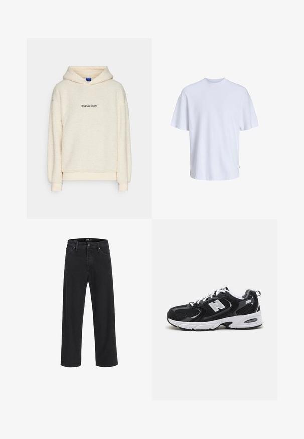 Lys cremefarvet sherpa fleece hættetrøje med "Originals Studio" trykt i sort på brystet, udstyret med lange ærmer og en hætte foran.; Hvid bomulds t-shirt med rund halsudskæring og korte ærmer. Har en løs pasform og glat tekstur, uden synlige mønstre eller detaljer.; Sorte denim jeans med lige ben, knap- og lynlåslukning, bæltestropper samt for- og baglommer.; Sorte og grå sportssko med mesh og ruskind på overdelen, der har en hvid mellemsål, snørebånd og et iøjnefaldende "N" logo på siden.