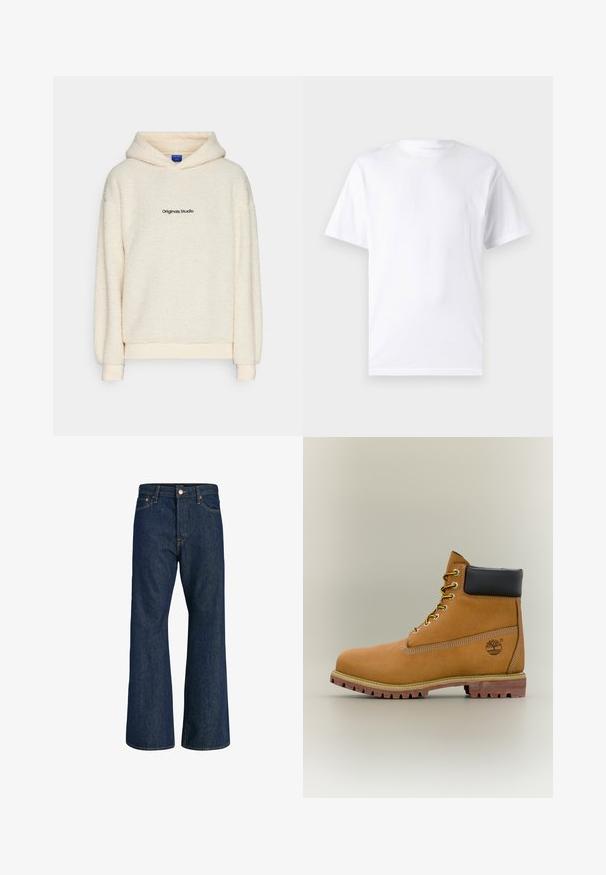 Lys cremefarvet sherpa fleece hættetrøje med "Originals Studio" trykt i sort på brystet, udstyret med lange ærmer og en hætte foran.; Hvid kortærmet t-shirt lavet af bomuld med rund hals, der har en glat tekstur og et simpelt design uden mønstre eller accenter.; Mørkeblå højttaljede denimjeans med vide ben, knap- og lynlåslukning foran, bæltestropper samt for- og baglommer.; Brun læderankelstøvle med sort krave, gule snørebånd og tanfarvet sål. Har logo og hvide syninger som detalje. Robust ydersål med greb.