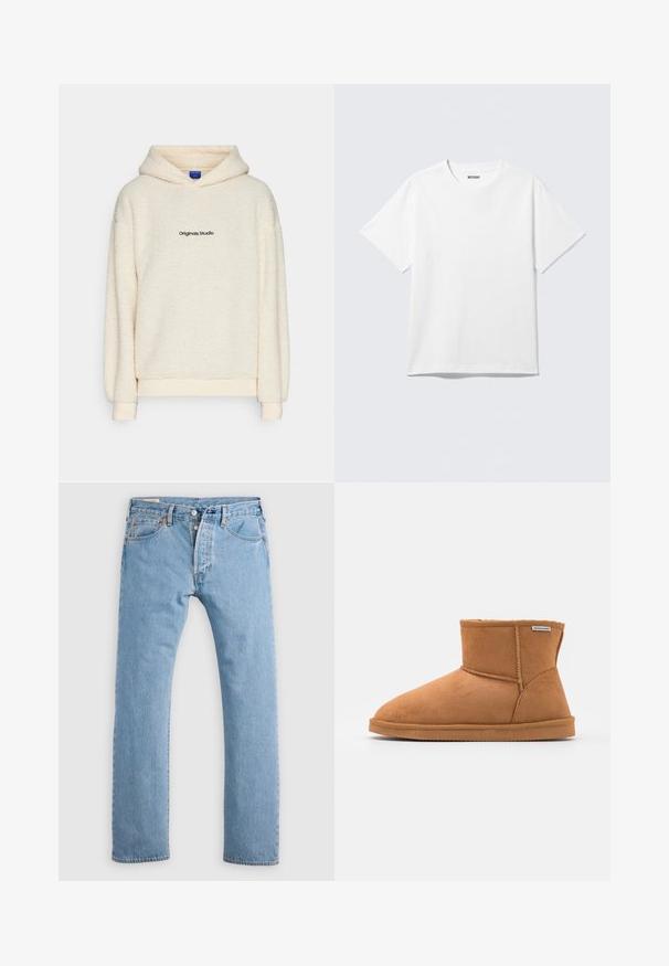 Hoodie en polaire sherpa couleur crème avec "Originals Studio" imprimé en noir sur la poitrine, présentant des manches longues et une capuche à l'avant.; T-shirt blanc à manches courtes et col rond, étalé à plat, design uni, avec l'étiquette "WEEKDAY" à l'intérieur du col sur un fond clair.; Jean en denim droit bleu clair avec fermeture à boutons, passants de ceinture, et poches avant et arrière, présenté sur un fond blanc.; Bottine en suède marron à bout arrondi, doublure intérieure douce, détails cousus et semelle en caoutchouc. Étiquette de la marque visible sur le côté.