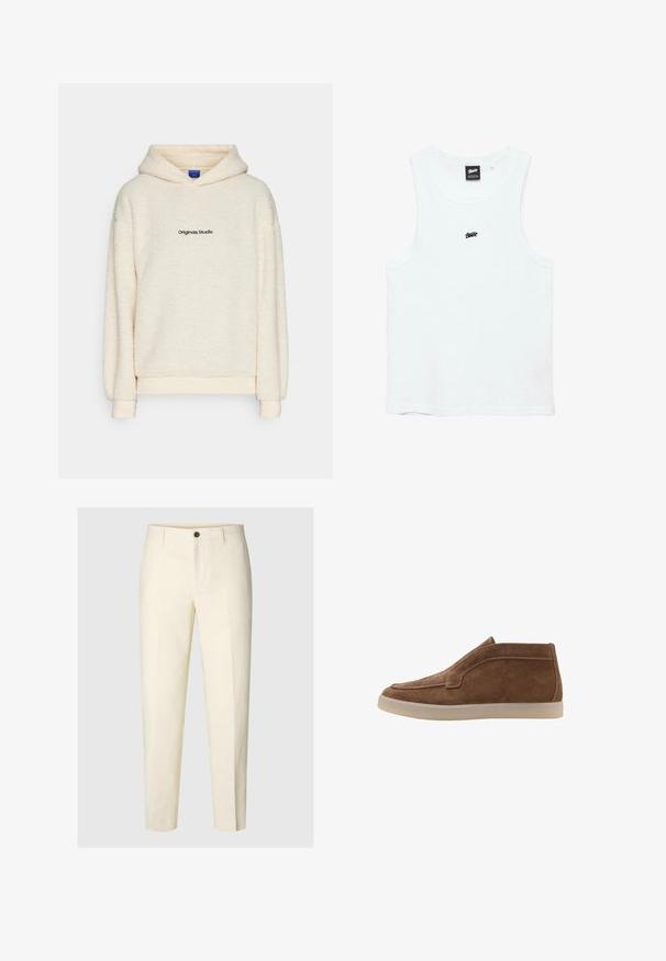 Lys cremefarvet sherpa fleece hættetrøje med "Originals Studio" trykt i sort på brystet, udstyret med lange ærmer og en hætte foran.; Hvid ærmeløs ribstrikket tank top med lille sort logo centreret på brystet og sort mærke inde i halsudskæringen.; Kremfarvede skræddersyede bukser med forreste knap og bæltestropper, vist mod en ensfarvet baggrund.; Brune ruskind ankelstøvler med en glat tekstur, rund tå og elastisk side. Lysfarvet gummisål og syninger.