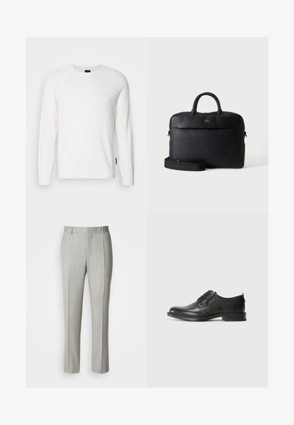 Suéter blanco de manga larga hecho de una tela suave, con un cuello y puños acanalados, y un logotipo sutil en el pecho.; Pantalones de sastre gris claro hechos de una tela suave, con corte recto, pliegues delanteros y cintura clásica con trabillas para el cinturón.; Zapato de vestir para hombre de cuero negro con cordones, tacón bajo y acabado suave, mostrado en perfil lateral sobre un fondo claro y liso.; Maletín de cuero negro con textura, con asas superiores y correa de hombro desmontable, mostrando un pequeño logo frontal sobre un fondo gris neutro.