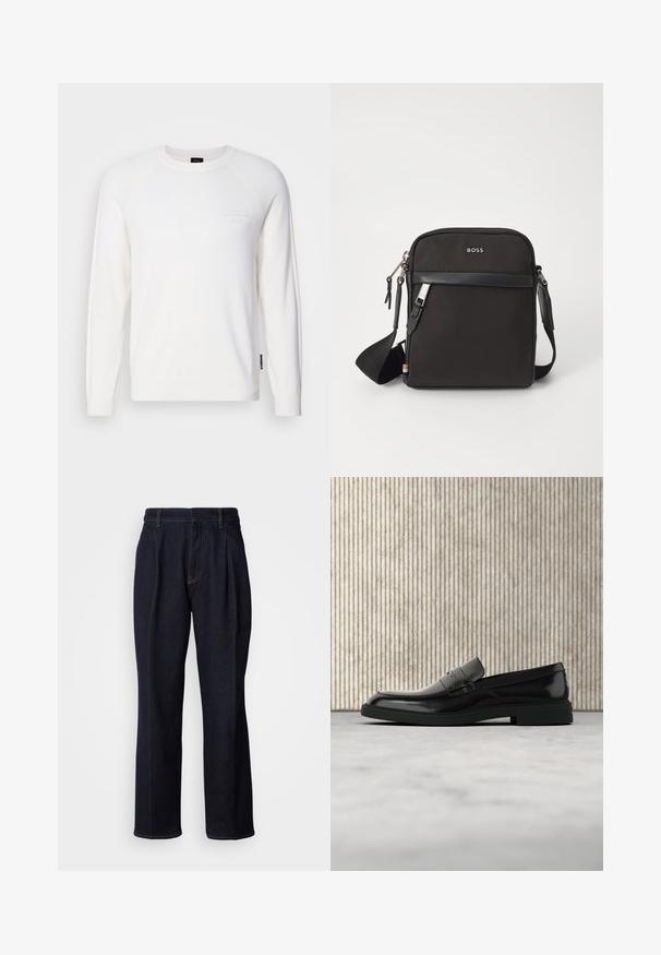 Pull à manches longues blanc en tissu doux, avec un col et des poignets côtelés, et un logo discret sur la poitrine.; Jean en denim large à jambes bleues foncées avec des plis devant et des coutures orange, présenté sur fond blanc.; Mocassin en cuir noir poli flottant au-dessus d'un tapis beige avec un mobilier translucide orange en arrière-plan.; Sac bandoulière noir en tissu texturé, avec un logo sur le devant, fermeture éclair et une bandoulière réglable. Finitions en cuir lisse.