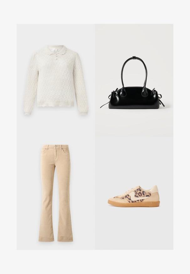 Cremefarvet strikket sweater med diamantmønster, lange ærmer, bølget kant og krave med tre knapper.; Beige fløjsbukser med flagrende ben, tekstureret finish, to frontlommer, lynlås og detalje med sølvfarvet knap.; Leopardprint sneakers med beige ruskindsoverdel, tan gummisål og hvide detaljer. Rund pegefinger og snørebåndsdesign med en tekstureret finish.; Lille sort blank håndtaske med to lange håndtag og snøre-detaljer i siden på en ensfarvet lys baggrund.