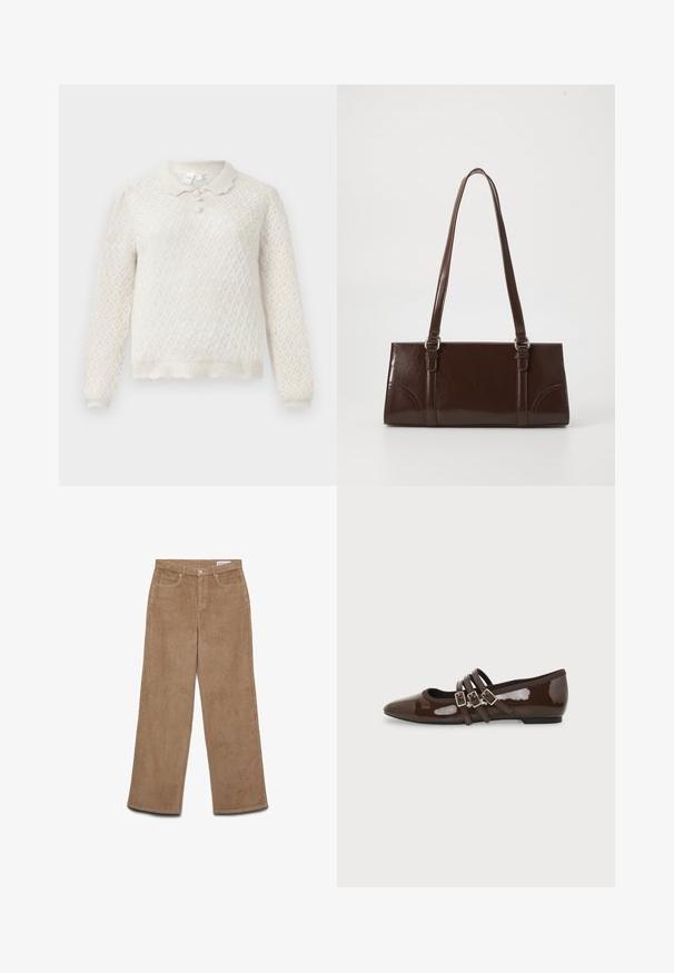 Cremefarvet strikket sweater med diamantmønster, lange ærmer, bølget kant og krave med tre knapper.; Vidbenede kordfløjlsbukser i brun. Har et tekstureret stof, fem lommer og lukning med knap. Lige pasform fra hofte til kant.; Brun laklæder flad sko med spids tå og tre justerbare spænder på siden, vist fra ydersiden.; Brun lakeret håndtaske med rektangulær form, to lange håndtag og subtile buede detaljer på fronten.