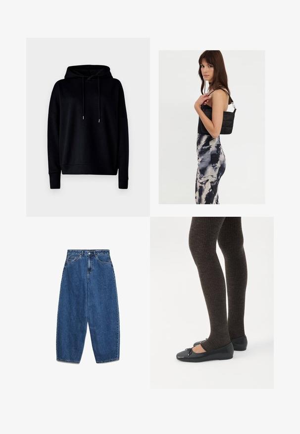 Sort hætte sweatshirt lavet af blødt stof, med afslappet pasform, ribbede manchetter og justerbare snore. Glat overflade uden mønstre.; Blå denimjeans med høj talje, afslappet pasform og lige ben. Klassisk design med fem lommer, lynlås og knaplukning.; Ben iført mørke ribbede leggings kombineret med sorte balletsko med små sløjfedetaljer på hvid baggrund.; Sort quiltet skuldertaske med en enkelt rem og sølvhardware, parret med en tætsiddende kjole med tie-dye mønster i nuancer af sort og creme.